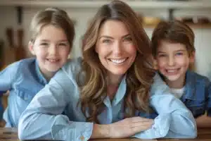 A smiling woman with long brown hair surrounded by two young children, all wearing light blue shirts, posing happily in a cozy kitchen setting.