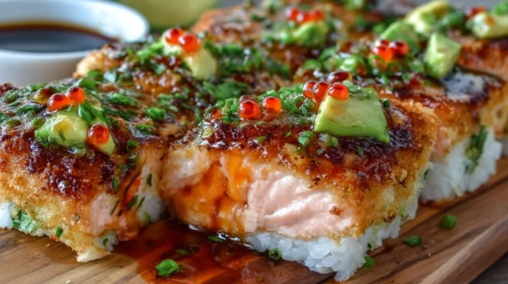 Close-up of crispy salmon sushi squares topped with avocado cubes, chives, and red roe on a wooden board.